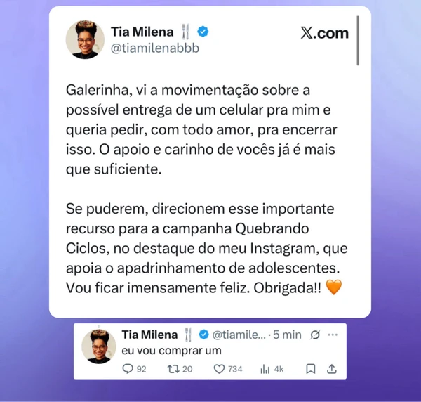 Milena, do BBB 26, recusa celular de fãs e faz pedido por Reprodução/X