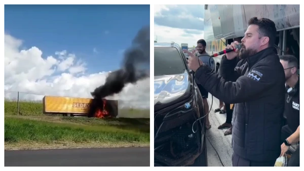 Banda improvisa apresentação no meio da BR-324 após caminhão pegar fogo e trecho ser completamente interditado