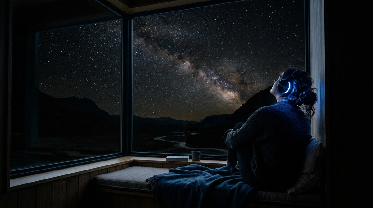 Aquário: Observação das estrelas com fones de ouvido (detox digital) por Imagem gerada por IA