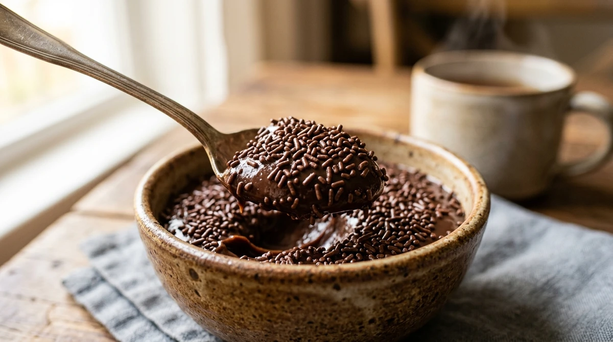 Câncer: Brigadeiro de colher. Bem puxado no leite moça, servido quentinho. É o abraço em forma de doce, com gosto de infância e de casa por Imagem gerada por IA