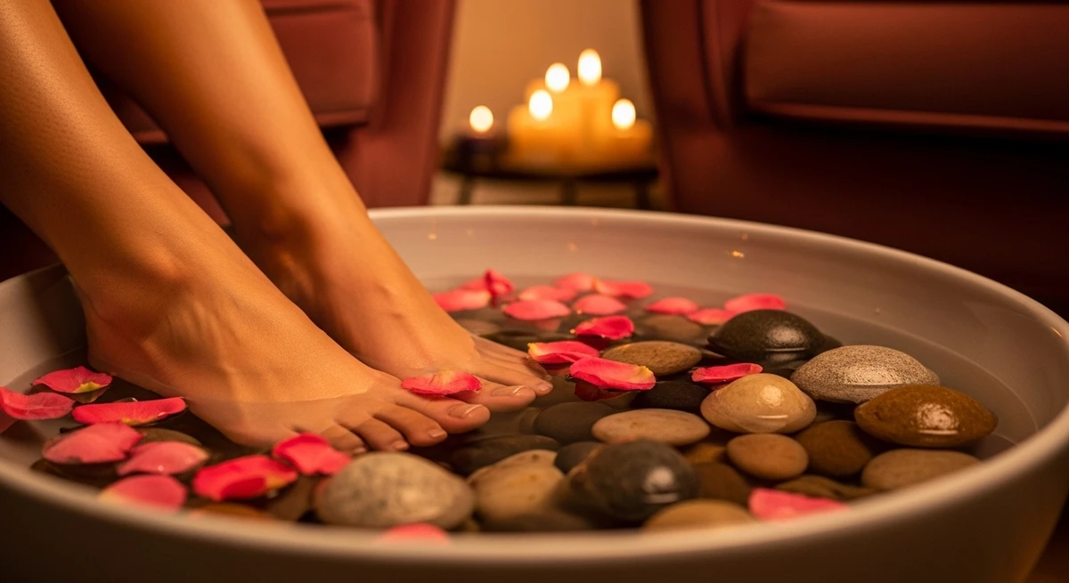 Câncer: Escalda-pés com pétalas de flores e música suave por Imagem gerada por IA