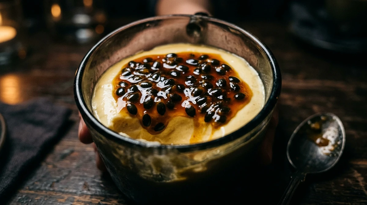 Escorpião: Mousse de maracujá. Azedinho, intenso e com aquelas sementes por cima que dão um toque de mistério e profundidade por Imagem gerada por IA