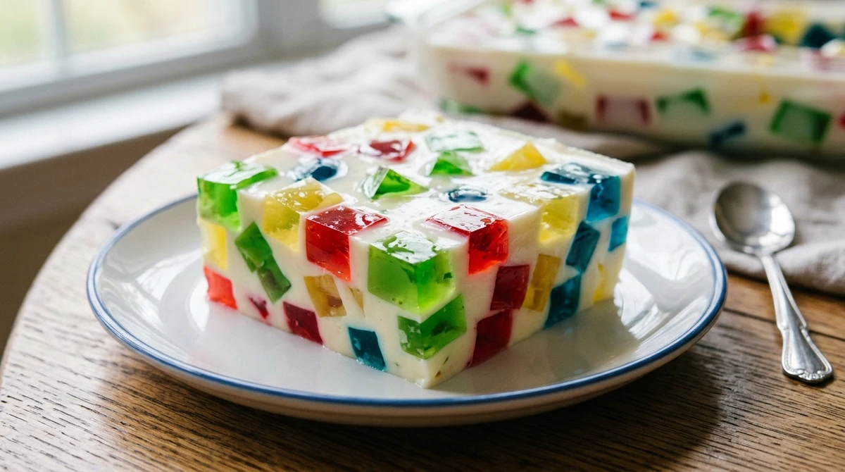 Gêmeos: Gelatina colorida (Mosaico). Vários sabores e cores misturados num creme de leite condensado. Divertido, leve e cheio de opções como o geminiano por Imagem gerada por IA