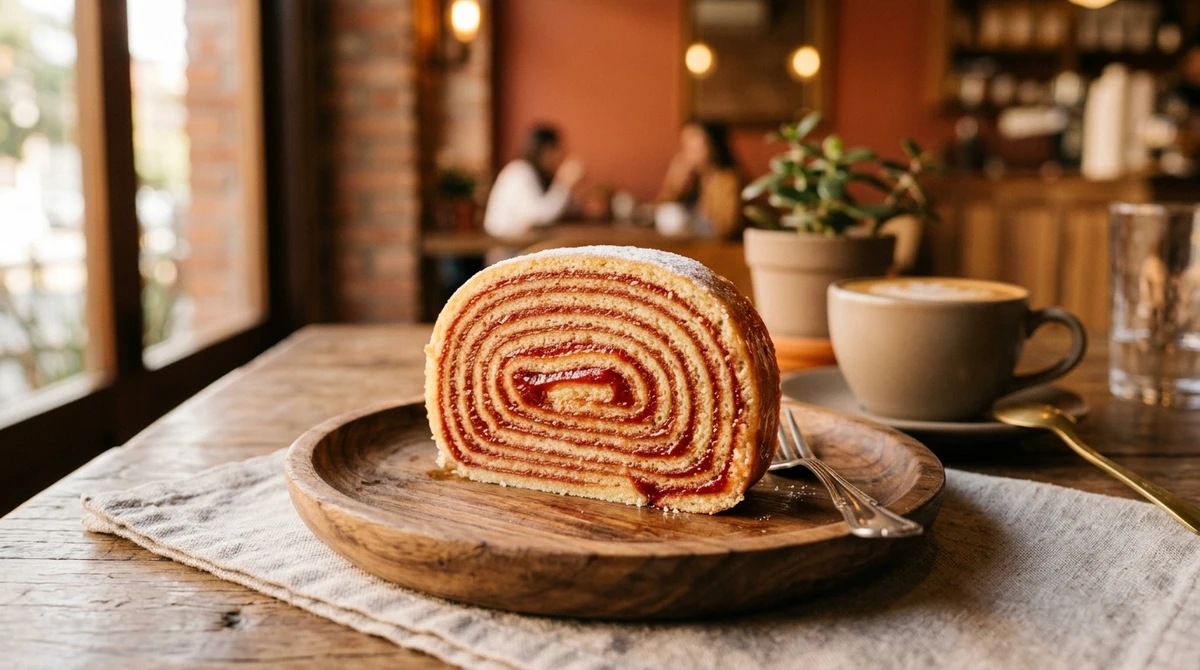 Leão: Bolo de rolo. Uma obra de arte em camadas finas, elegante e que sempre rouba a cena em qualquer mesa de café por Imagem gerada por IA
