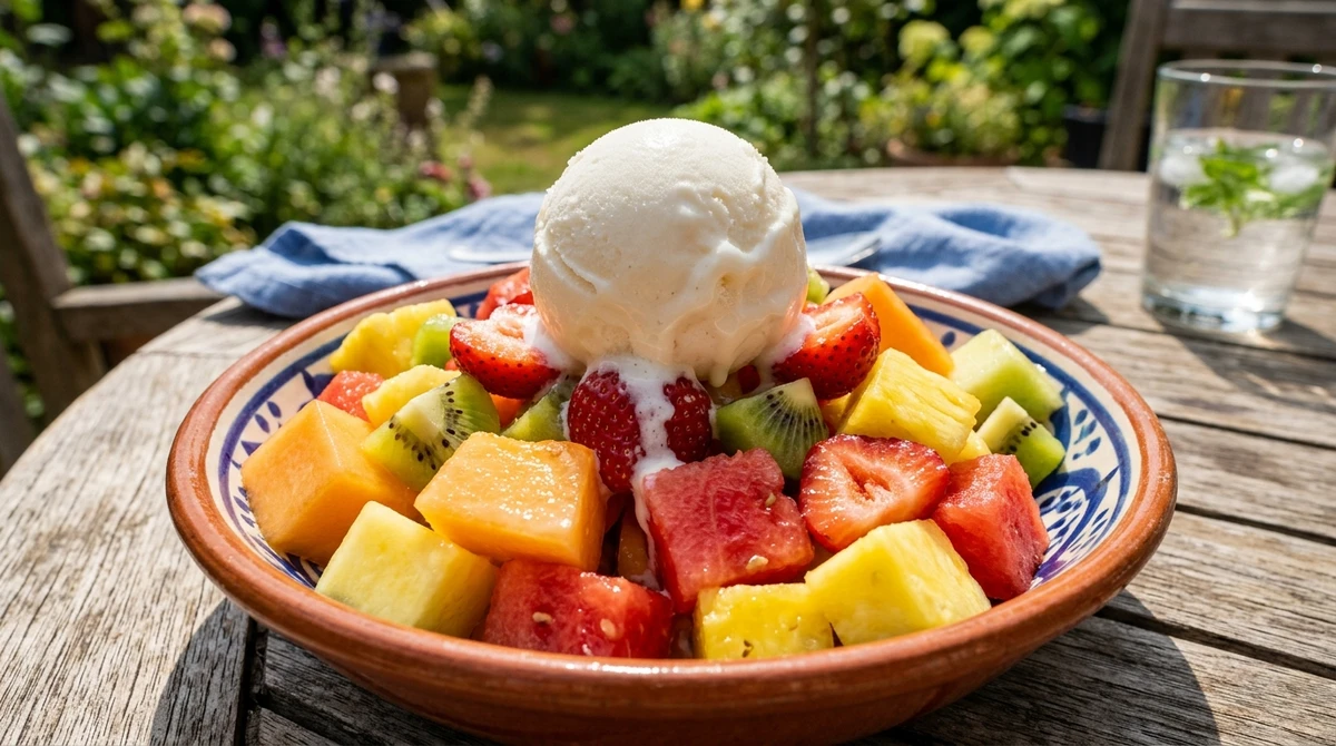 Sagitário: Salada de frutas com sorvete. Uma mistura de sabores do mundo, refrescante, vibrante e pronta para qualquer hora por Imagem gerada por IA