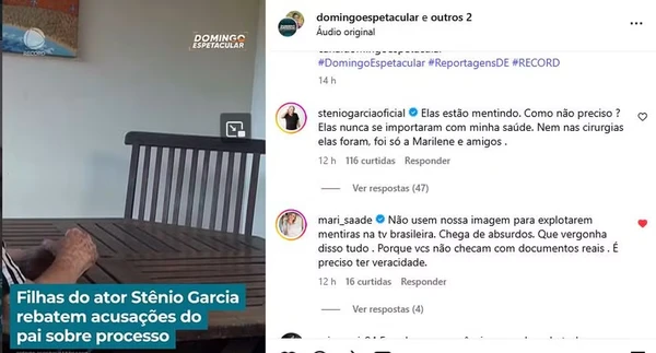 Stênio Garcia e esposa rebatem alegações das filhas do ator  por Reprodução/Instagram