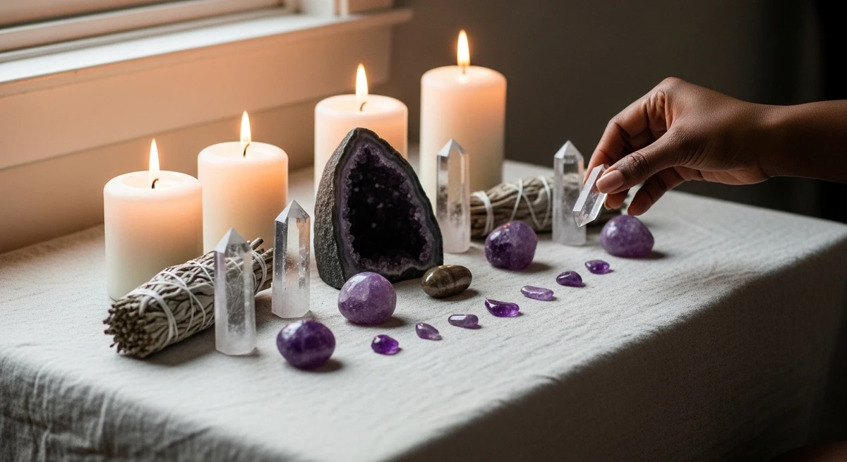 Virgem: Organização de um "altar" pessoal com cristais e velas por Imagem gerada por IA