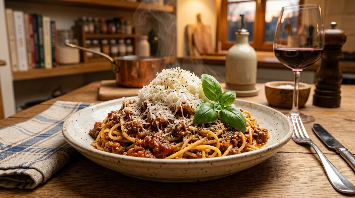 Almoço de Câncer: Spaghetti à Bolonhesa caseiro - O prato clássico de domingo que remete ao cuidado, com molho apurado por horas e aquela sensação de casa cheia. por Imagem gerada por IA