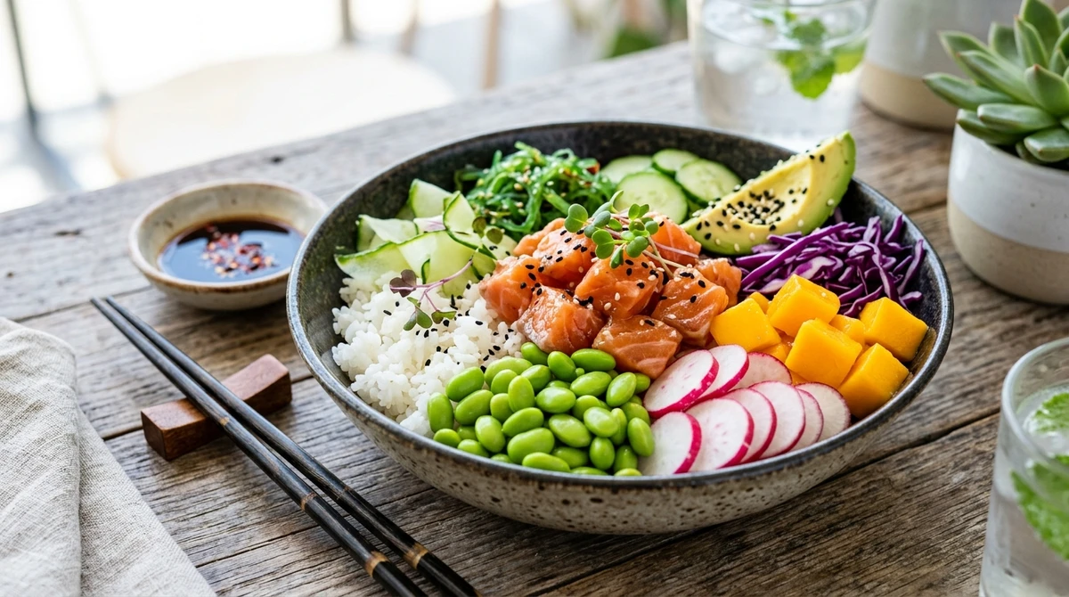 Almoço de Gêmeos: Poke bowl super colorido - Um prato moderno, cheio de texturas diferentes, prático e que combina com o ritmo dinâmico do geminiano. por Imagem gerada por IA