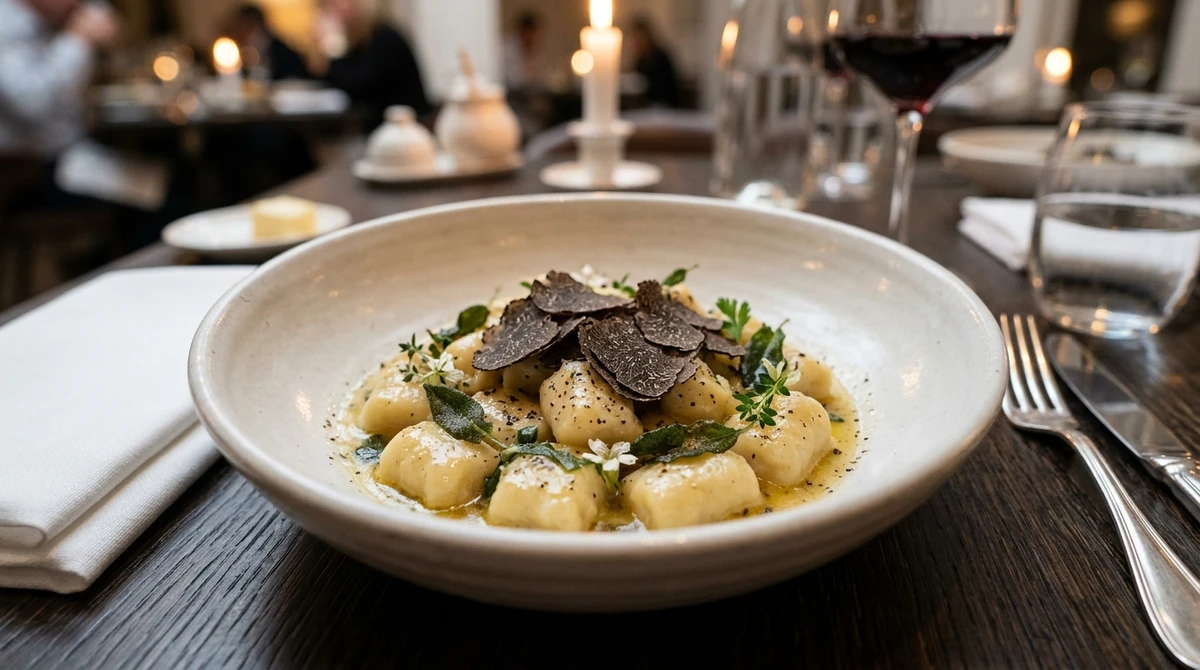 Almoço	de Touro: Nhoque com Trufas - Conforto puro com um toque de luxo e terra. por Imagem gerada por IA