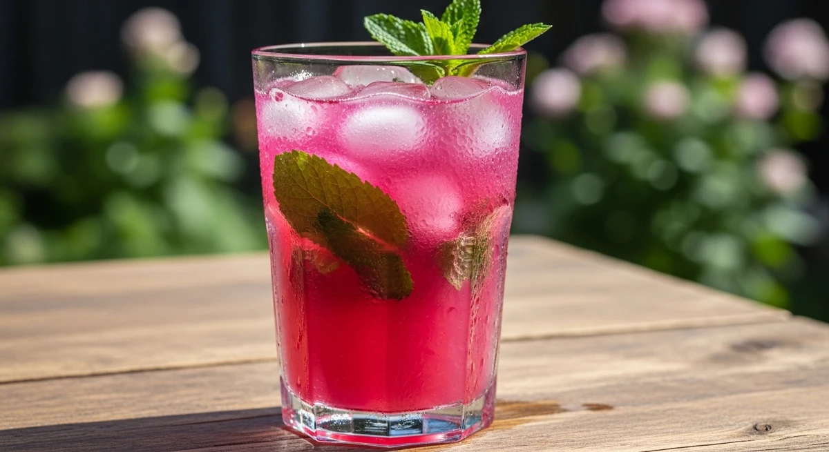 Bebida fria de Gêmeos: Pink lemonade com hortelã - Uma bebida refrescante, visualmente vibrante e que comunica a leveza e a jovialidade do signo. por Imagem gerada por IA