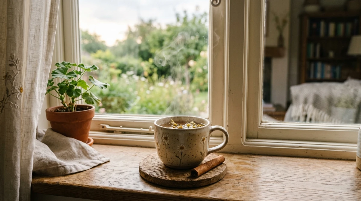 Bebida quente de Câncer: Chá de camomila com mel e canela - O signo regido pela Lua busca o calmante e o conforto emocional de uma bebida morna. por Imagem gerada por IA