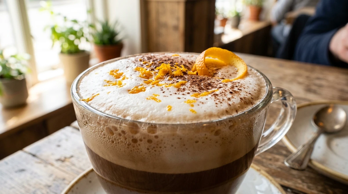 Bebida quente de Gêmeos: Mocha com leite vaporizado e raspas de laranja - Gêmeos adora a mistura de sabores (chocolate e café) e o toque cítrico que remete à sua agilidade mental. por Imagem gerada por IA