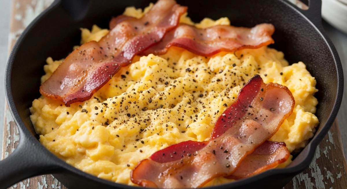 Café da manhã de Áries: Ovos Mexidos com Bacon - Proteína pura para começar o dia com força total. por Imagem gerada por IA