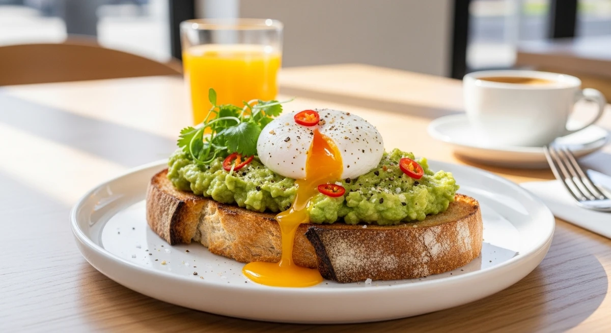 Café da manhã de Gêmeos: Avocado toast com ovo pochê - O clássico das cafeterias modernas que une saúde, sabor e visual contemporâneo. por Imagem gerada por IA