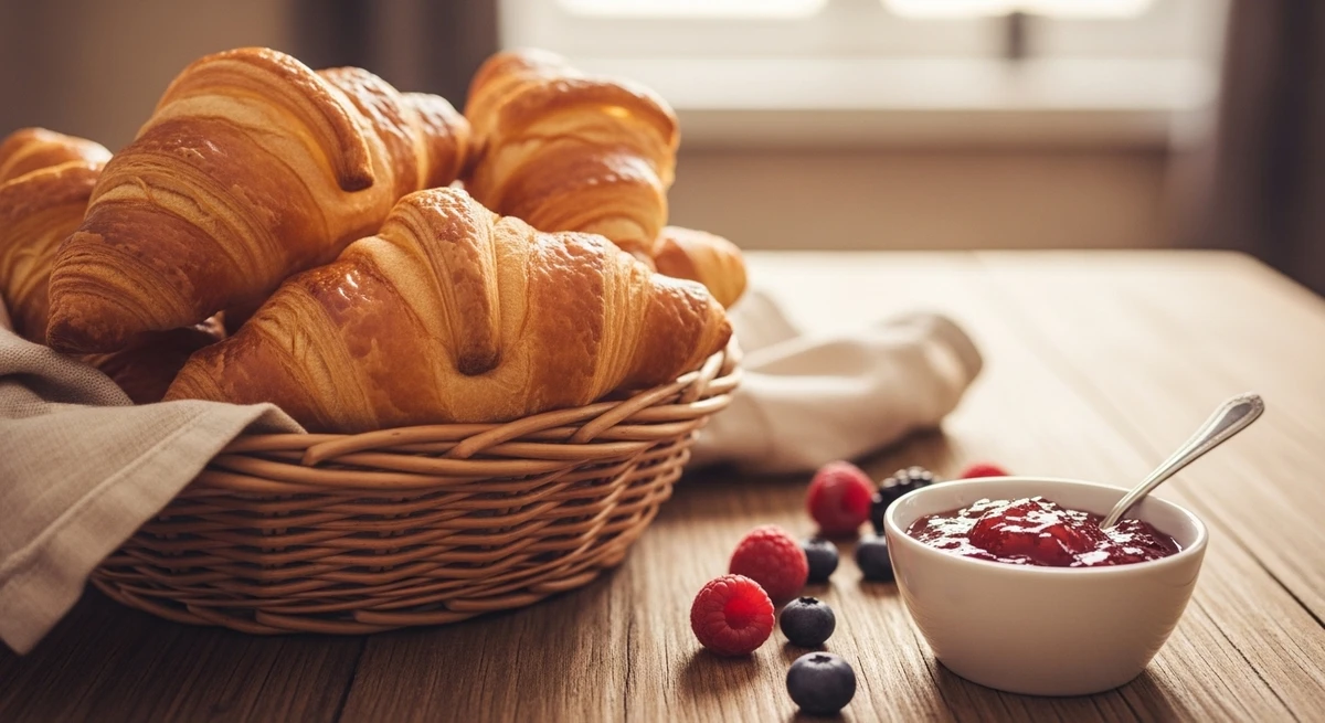 Café da manhã de Touro: Croissants com Geleia Artesanal - O prazer de uma massa folhada perfeita e manteiga. por Imagem gerada por IA
