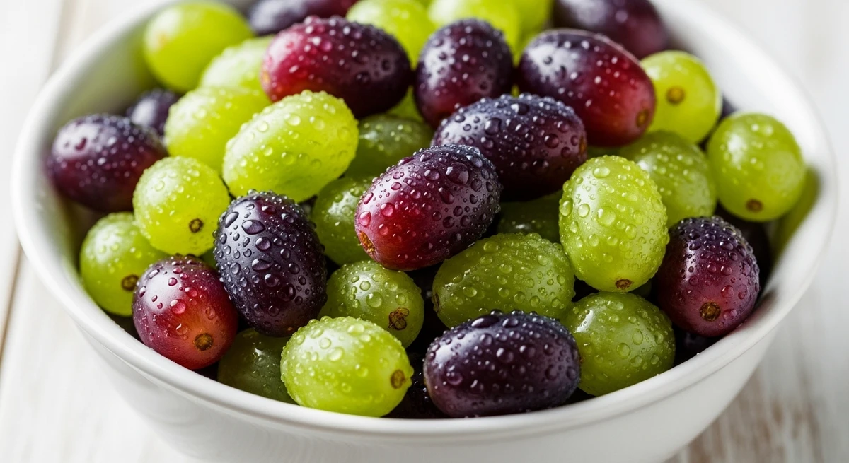 Fruta de Gêmeos: Mix de uvas sem semente (verdes e roxas) - Práticas de comer enquanto faz outra coisa, representando a agilidade do signo. por Imagem gerada por IA