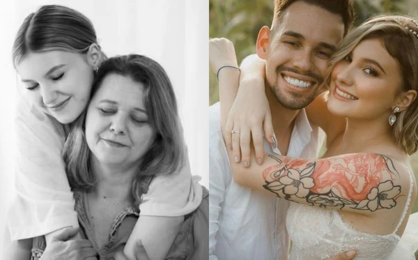 Isabel Veloso com a mãe, Miriam Kiekow, e o marido, Lucas Borbas