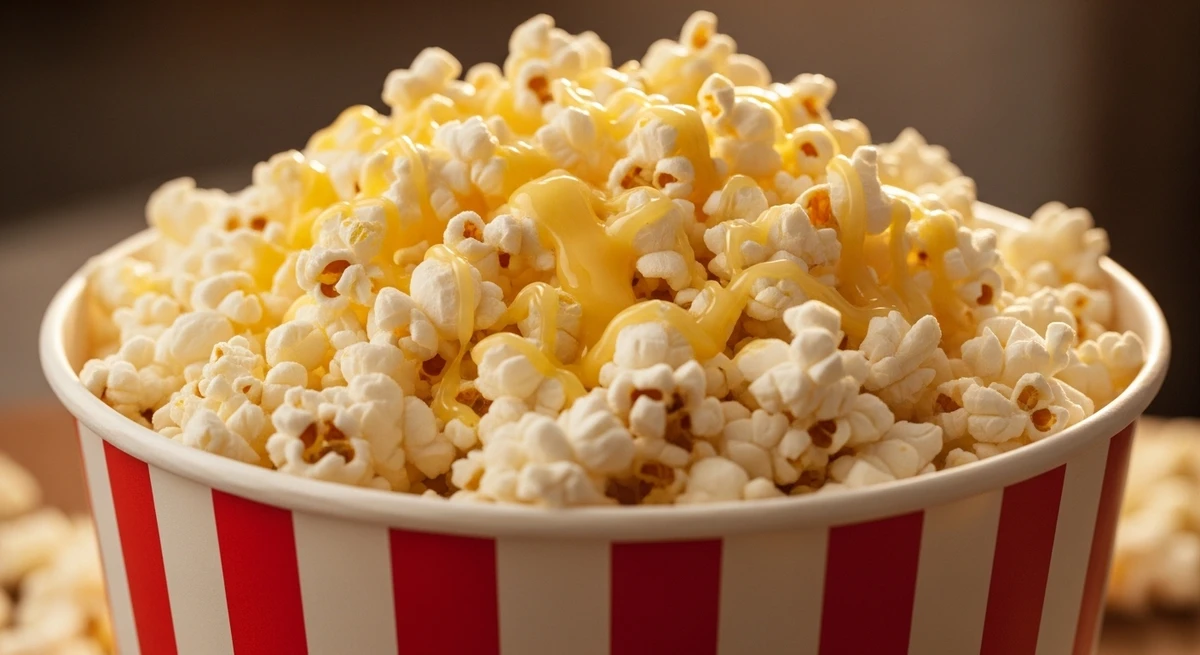Junk food de Câncer: Pipoca amanteigada de cinema - Perfeita para o programa favorito de Câncer: maratona de filmes no sofá de casa. por Imagem gerada por IA