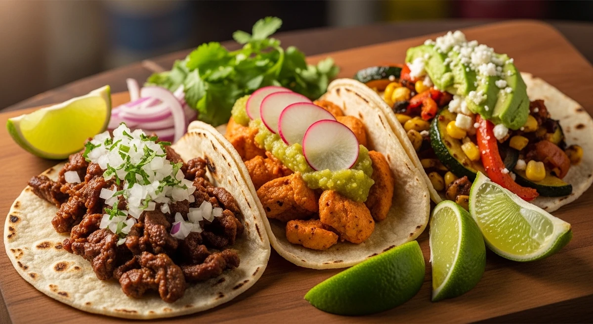 Junk food de Gêmeos: Tacos mexicanos variados - Comida divertida, para comer conversando e que permite muitas combinações. por Imagem gerada por IA