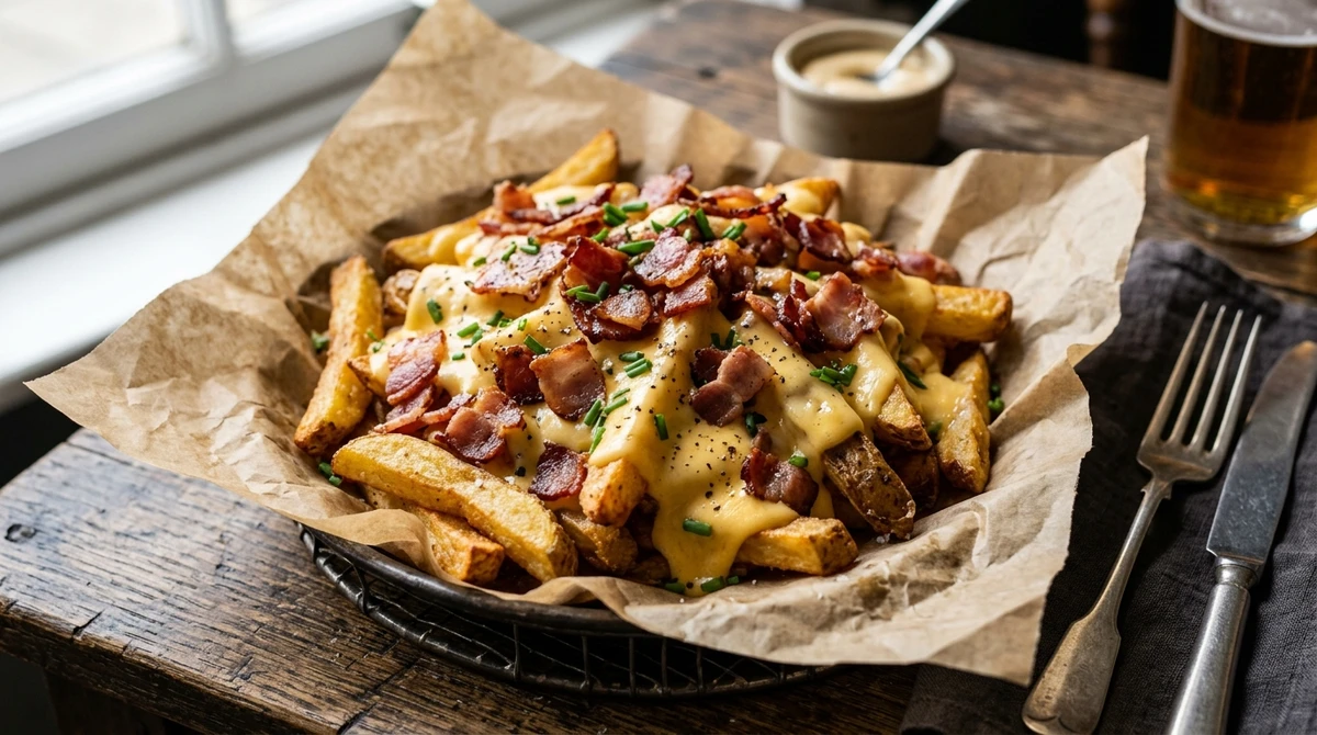 Junk food de Touro: Batata Frita com Queijo e Bacon - O máximo do prazer sensorial e da saciedade. por Imagem gerada por IA
