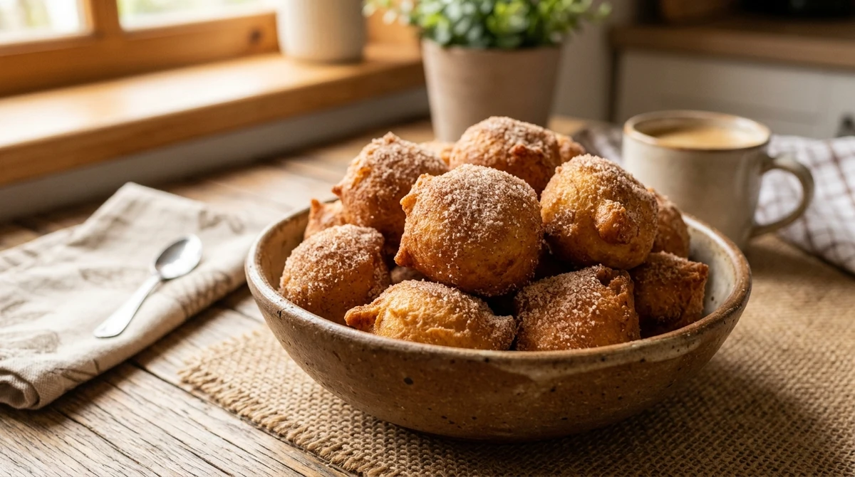 Petisco de Câncer: Bolinhos de chuva polvilhados com açúcar - A comida afetiva por excelência, com cheiro de casa de vó e tarde chuvosa. por Imagem gerada por IA