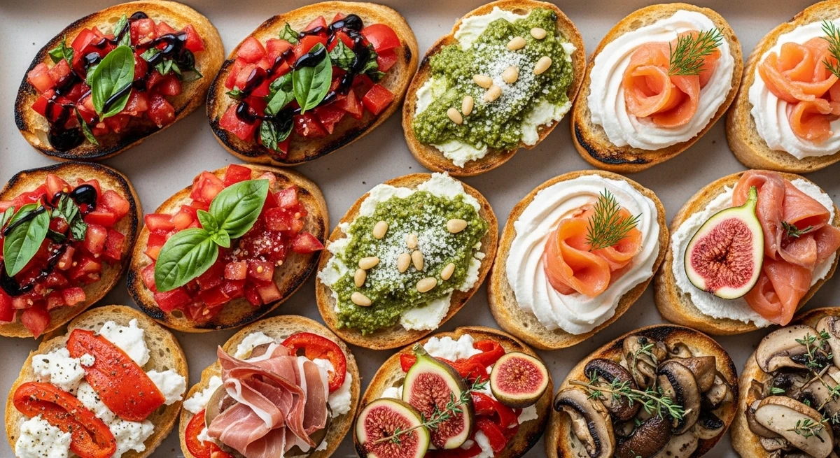 Petisco de Gêmeos: Mix de bruschettas variadas - Como o signo da dualidade, Gêmeos prefere ter várias opções de sabores em uma só vez para não enjoar. por Imagem gerada por IA