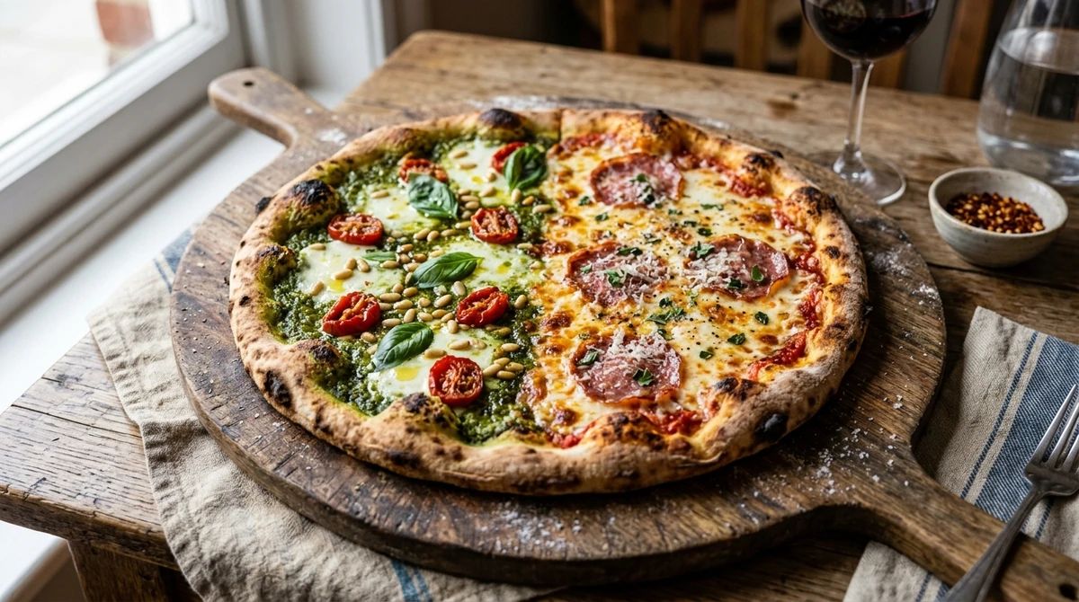 Pizza de Gêmeos: Meio a meio - A indecisão ou o desejo de provar tudo faz da pizza dividida a escolha ideal. por Imagem gerada por IA