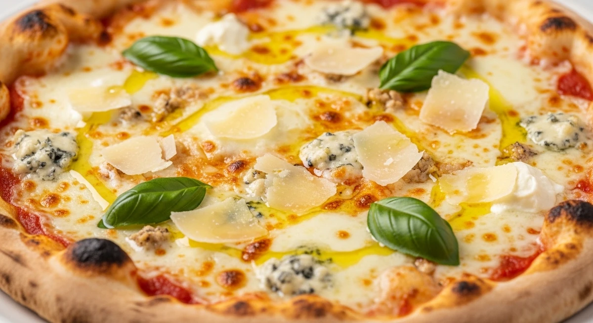 Pizza de Touro: Quattro Formaggi (Quatro Queijos) - Abundância e cremosidade em cada fatia. por Imagem gerada por IA