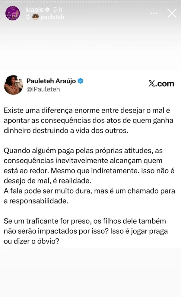Publicação compartilhada por Luana Piovani nos Stories por Reprodução