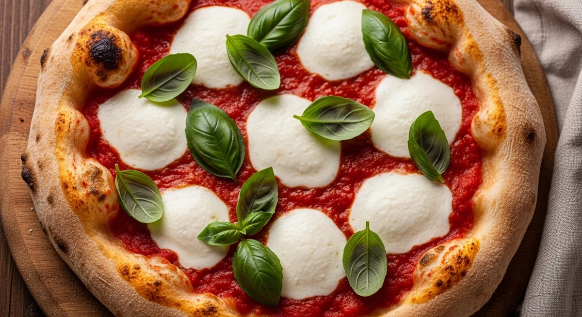 Sabor de pizza de Câncer: Marguerita clássica - Simplicidade, tradição e o conforto do manjericão fresco com queijo derretido. por Imagem gerada por IA