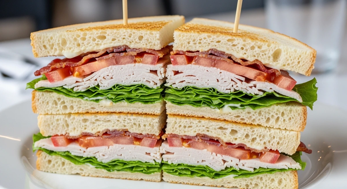 Sanduíche de Gêmeos: Club sandwich em camadas - Várias camadas de ingredientes diferentes em um único lanche, estimulando o paladar. por Imagem gerada por IA