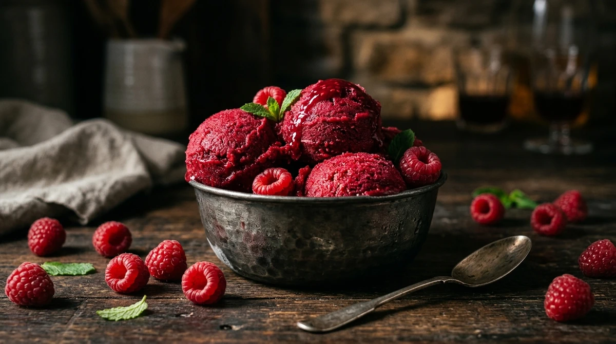 Sobremesa de Áries: Sorbet de Frutas Vermelhas - O contraste do gelado com a cor vibrante e o sabor ácido. por Imagem gerada por IA