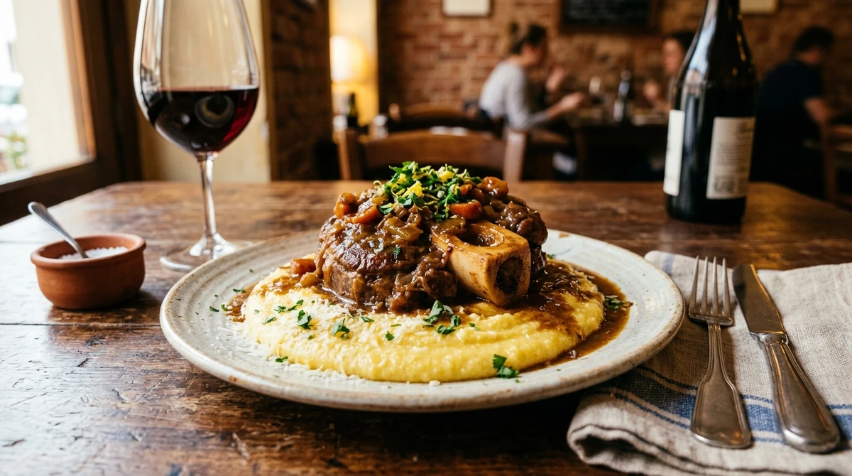 Almoço de Capricórnio: Ossobuco com Polenta Cremosa - Um prato que exige tempo, paciência e resulta em uma estrutura impecável. por Imagem gerada por IA