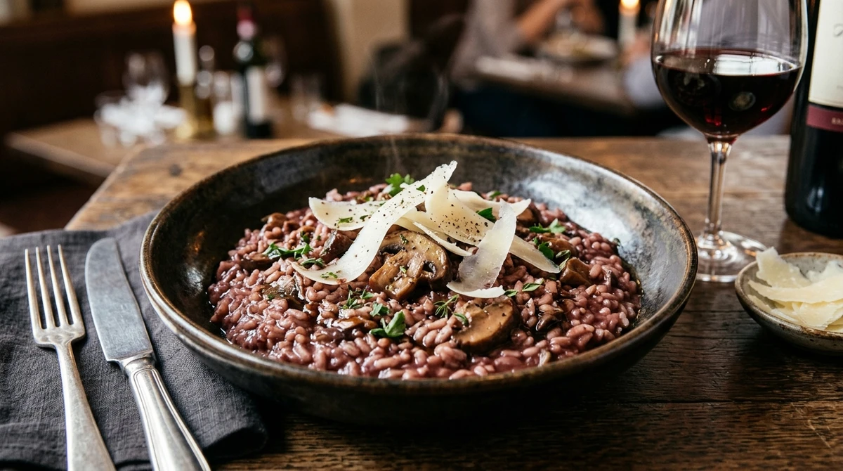 Almoço de Escorpião: Risoto de Vinho Tinto com Cogumelos Porcini - Um prato de cor bordô rica, sabor terroso e textura envolvente. por Imagem gerada por IA