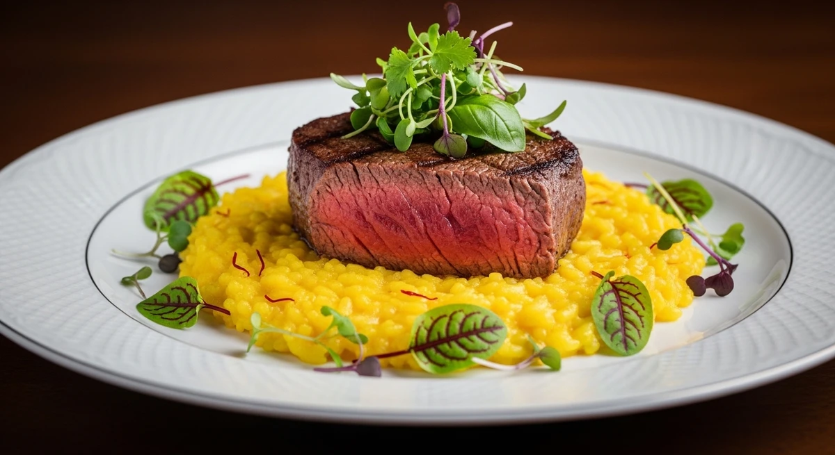 Almoço de Leão: Risoto de Açafrão com medalhão de filé mignon - A cor amarela vibrante (ouro) e a carne nobre representam o poder do "rei". por Imagem gerada por IA