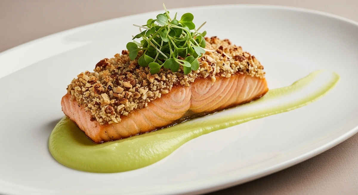 Almoço de Libra: Salmão em Crosta de Amêndoas com Purê de Maçã - Um prato leve, com cores pastéis e um equilíbrio perfeito entre o doce e o salgado. por Imagem gerada por IA