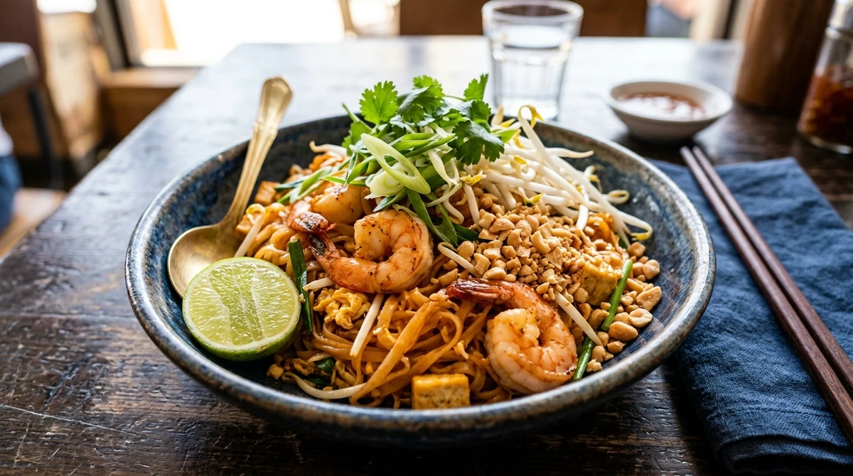 Almoço de Sagitário: Pad Thai com camarão e amendoim - Um prato vibrante, cheio de texturas e sabores internacionais. por Imagem gerada por IA