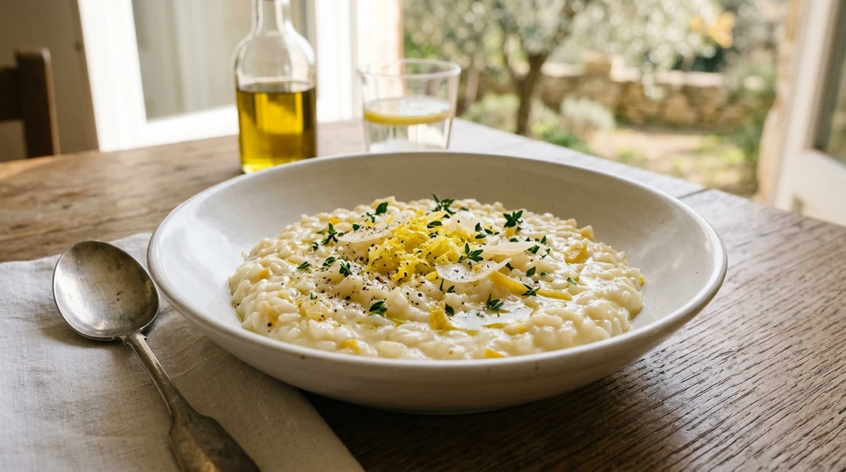 Almoço de Virgem: Risoto de Limão Siciliano - Um prato sofisticado, de cor clara, sabor cítrico que limpa o paladar e textura impecável. por Imagem gerada por IA