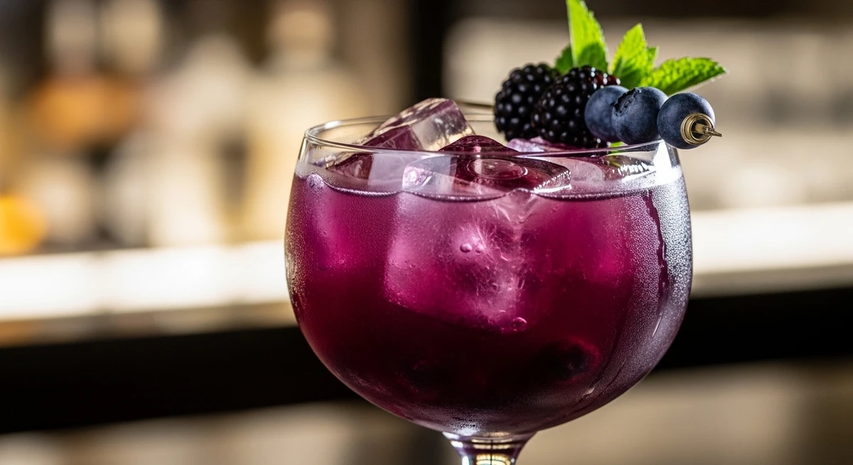 Bebida fria de Escorpião: Drink de Frutas Negras (Amora e Mirtilo) - Cores profundas e atraentes que representam o magnetismo do signo. por Imagem gerada por IA