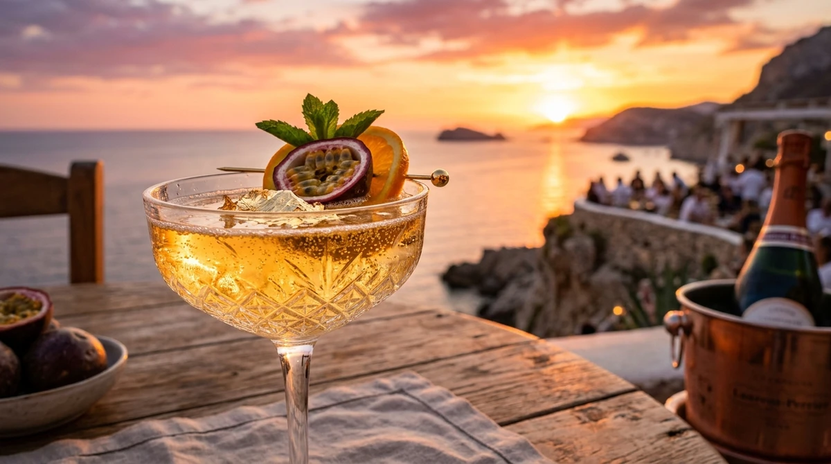 Bebida fria de Leão: Drink de Verão com frutas amarelas e espumante - O Sol é seu regente, então cores douradas e o borbulhar do espumante combinam com sua aura festiva. por Imagem gerada por IA