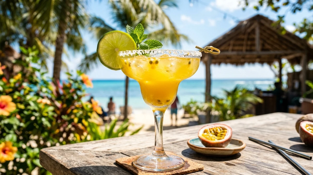 Bebida fria de Sagitário: Margarita de Maracujá com sal na borda - Cítrica, solar e aventureira, como uma tarde em uma praia estrangeira. por Imagem gerada por IA