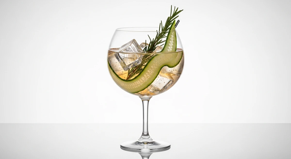 Bebida fria de Virgem: Gin Tônica com Botânicos - Uma bebida "clean", transparente, organizada e com a medida exata de amargor e frescor. por Imagem gerada por IA