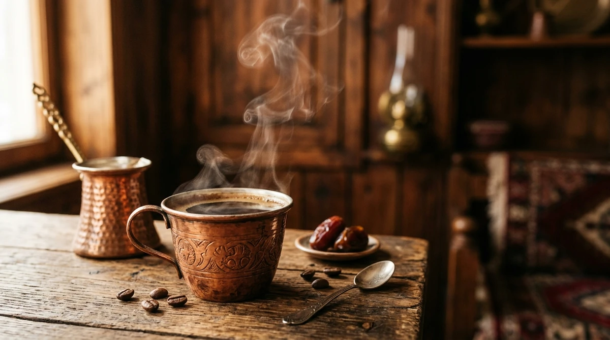Bebida quente de Escorpião: Café Árabe com especiarias e cardamomo - Um café denso e aromático que envolve os sentidos com mistério. por Imagem gerada por IA