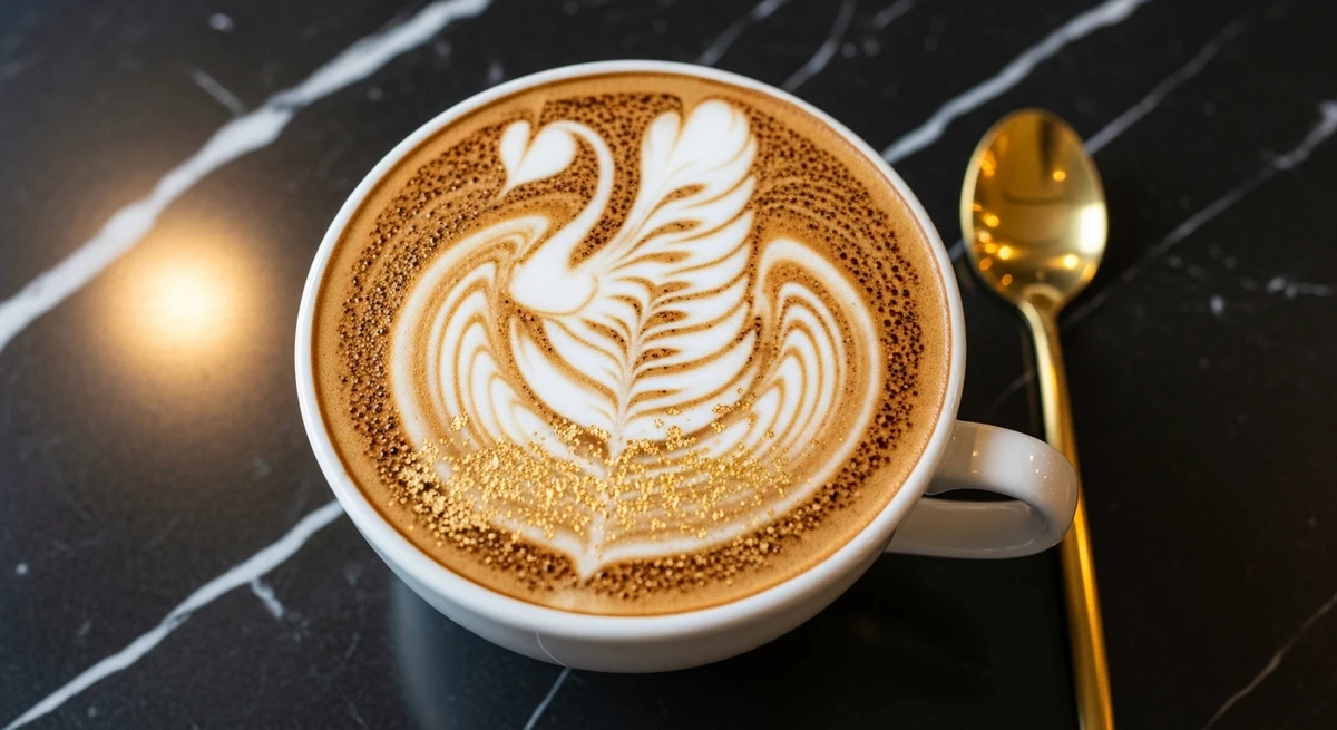 Bebida quente de Leão: Cappuccino com arte na espuma e pó de ouro comestível - Leão adora o que é exclusivo, luxuoso e visualmente impactante. por Imagem gerada por IA