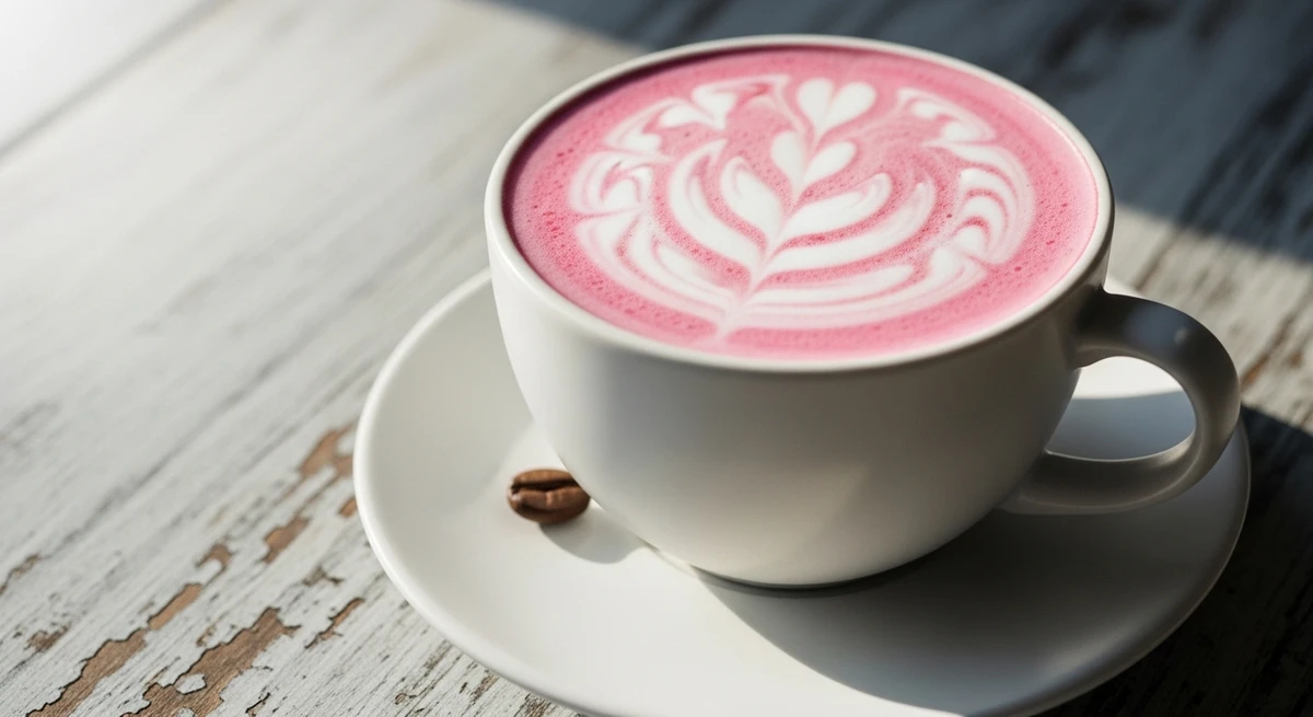 Bebida quente de Libra: Pink Latte de Beterraba com arte floral - A cor rosa suave e a perfeição da arte na espuma atendem à necessidade estética libriana. por Imagem gerada por IA