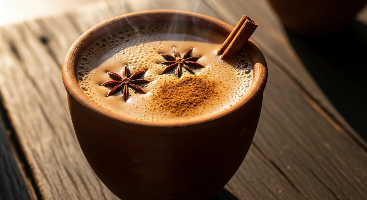 Bebida quente de Sagitário: Chai Indiano com especiarias - O sabor da estrada e das culturas distantes em uma xícara quente e aromática. por Imagem gerada por IA