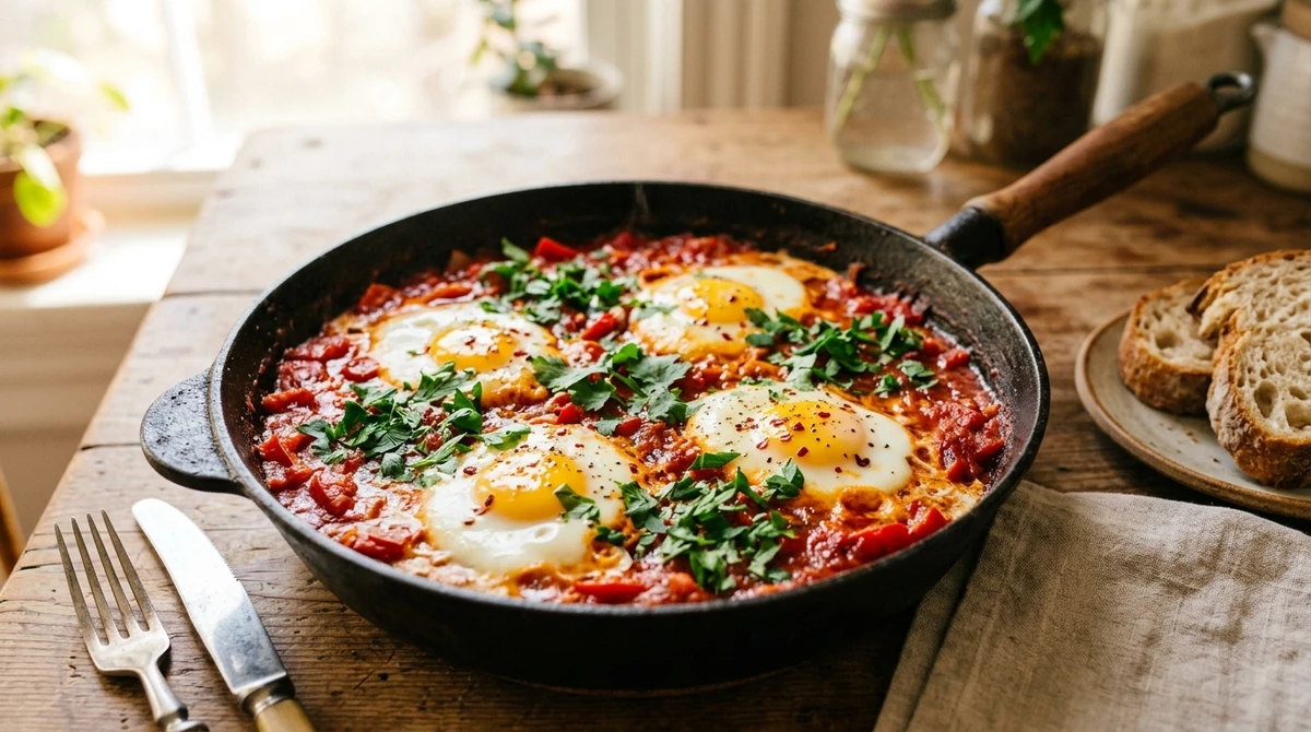 Café da manhã de Escorpião: Shakshuka (Ovos em molho de tomate picante) - Vermelho vivo e especiarias que trazem energia logo cedo. por Imagem gerada por IA