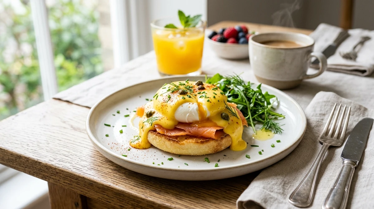 Café da manhã de Leão: Ovos Benedict com salmão defumado - O café da manhã dos hotéis de luxo, sofisticado e visualmente perfeito. por Imagem gerada por IA