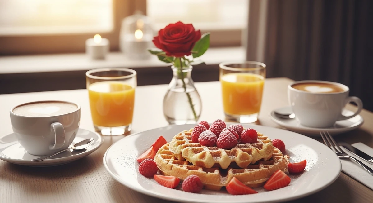 Café da manhã de Libra: Waffles com Frutas Vermelhas e Açúcar de Confeiteiro - A geometria dos waffles com a delicadeza do açúcar polvilhado. por Imagem gerada por IA